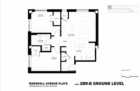 Floor plan for 2 beds, 1 bath, 858 sqft